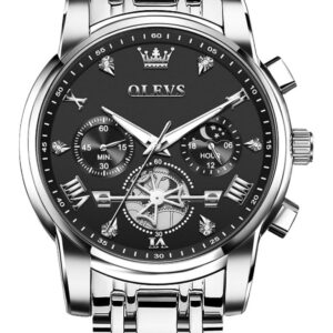 Men's Silver-Black Stainless Steel Waterproof Big Face Multifunction Wrist Watch